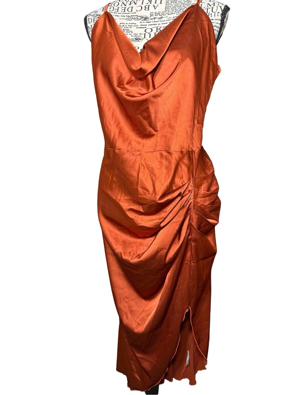 LYANER SEXY Burnt Orange Satin Cowl Neck Ruched Midi Dress XXL - Picture 2 of 8